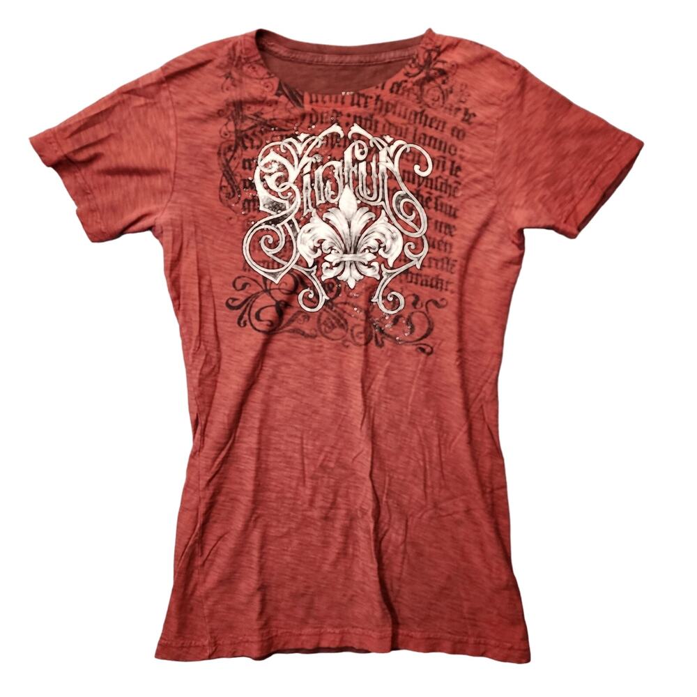Sinful Affliction Womens Top Large Burgundy Glitter Fleur De Lis Grunge 90s Y2k